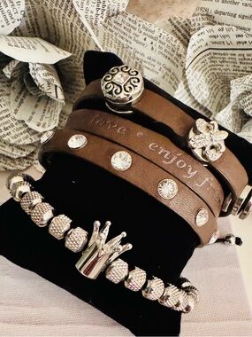 Triple Wrap Leather Bracelet Paired with Pineapple Bead Crown Bracelet